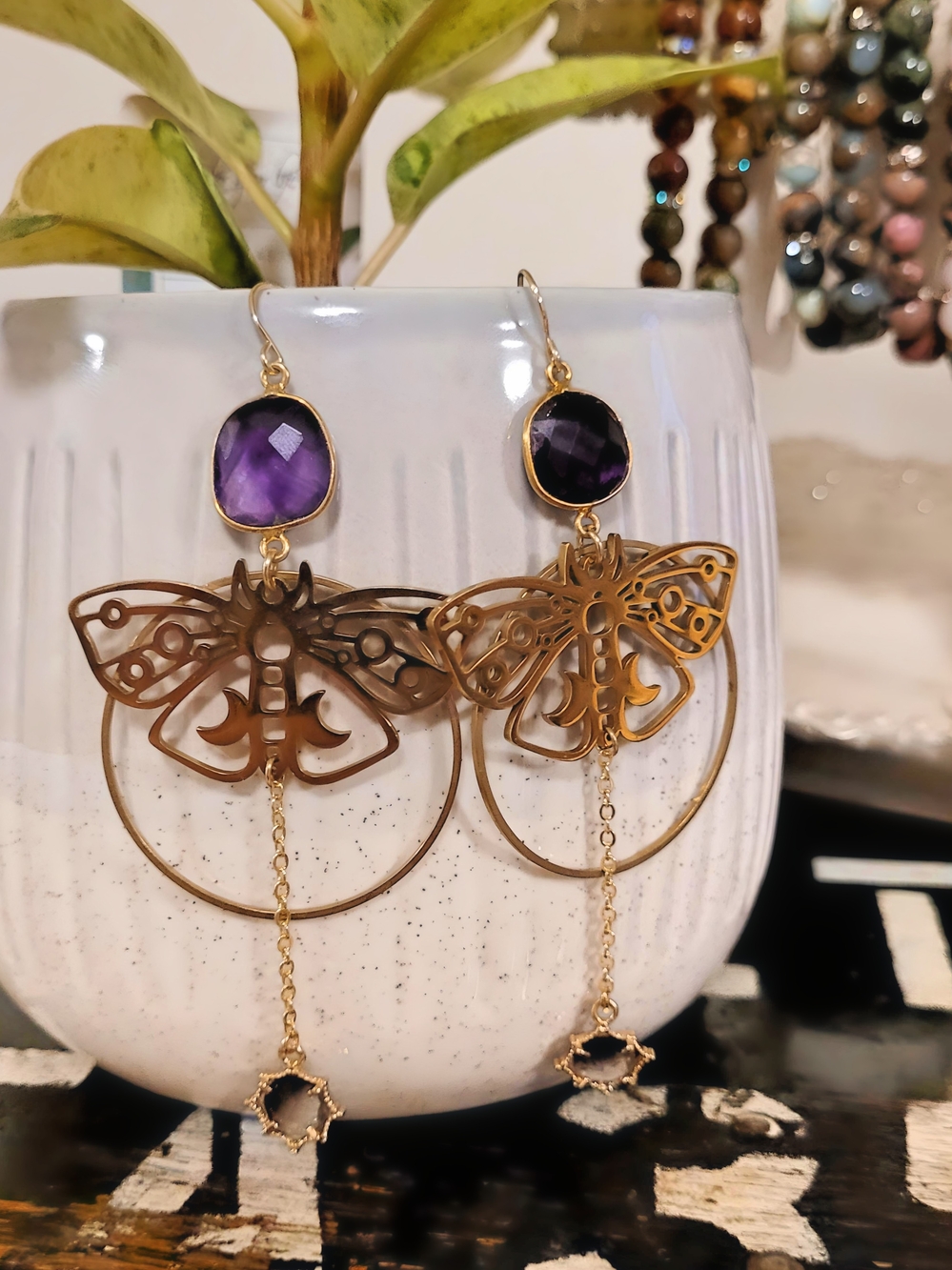 Gold Butterfly Hoop Earrings with Amethyst Gemstone